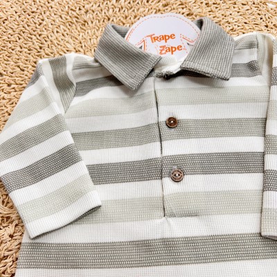  Macacão Tricotil (Tricot 100% Algodão) com Gola e Estampa Digital - Verde com Listras